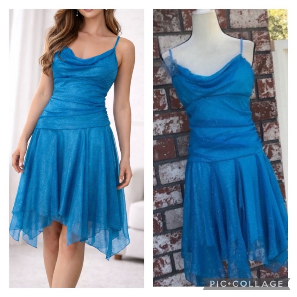 Rampage Electric Blue Glitter Asymmetrical Spaghetti-Strap Dress